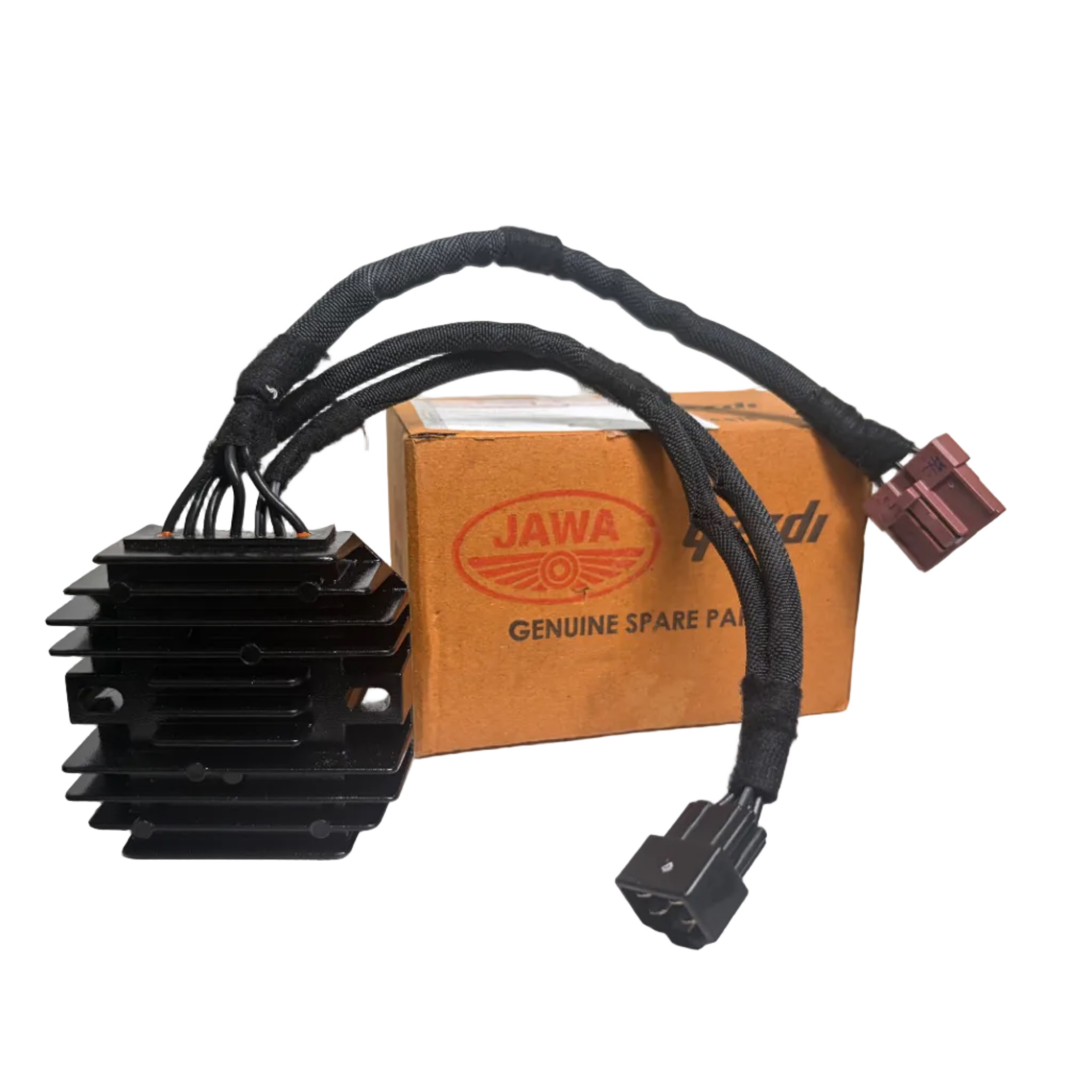 Black electronic component with wiring and Jawa branded box on a white background