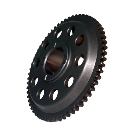 Black gear next to a cardboard box labeled 'Yezdi Genuine Spare Parts' on a white background