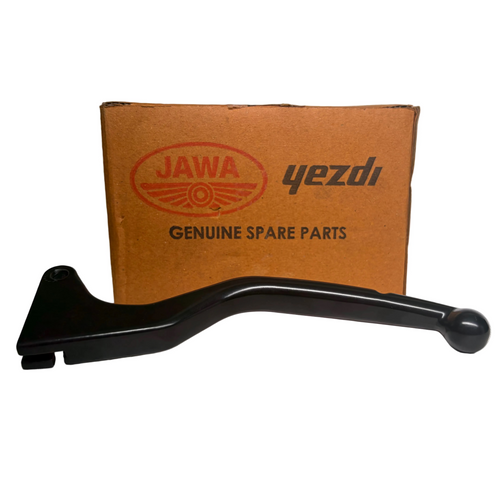Black lever in front of a Jawa Yezdi genuine spare parts box on a white background