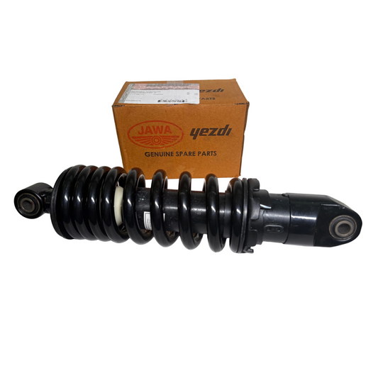Motorcycle shock absorber with Jawa Yezdi branded box on a white background